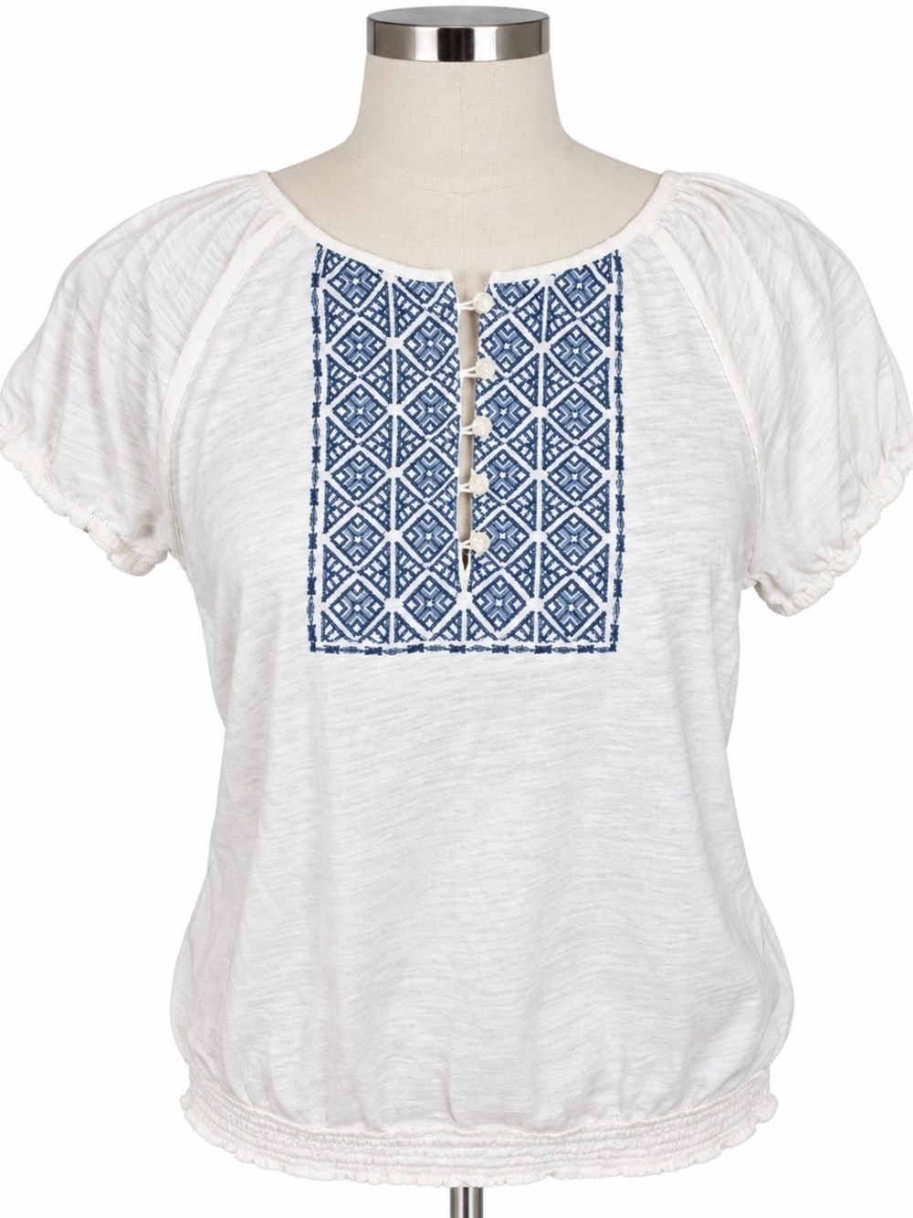 Chaps Petite M White Blue Geometric Peasant Blouse Boho Puff Sleeve